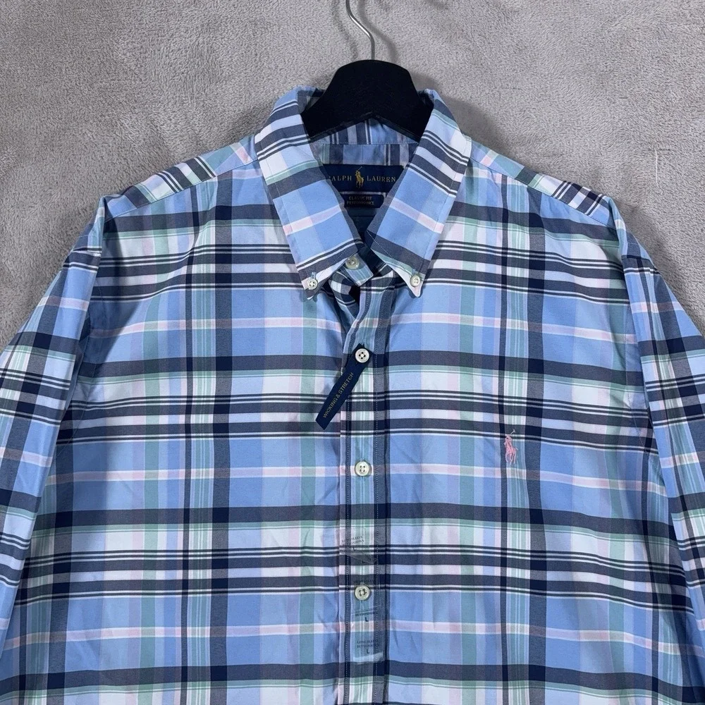 Polo Ralph Lauren Performance Button Down Shirt Mens Large Blue Plaid Wicking